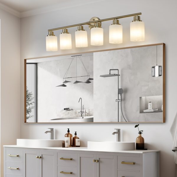 2-7.jpg 39" Modern 6-Light Vanity Wall Sconce, Golden Finish with Frosted Glass Shades for Bathroom or Hallway Lighting (No Bulbs)