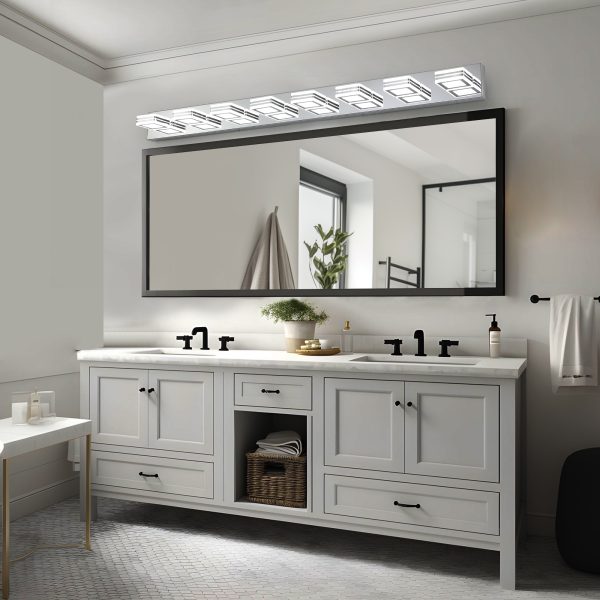 52" Modern Chrome 8-Light LED Vanity Light, Square Acrylic Lampshades Wall Mount Fixture for Bathroom, Mirror Lighting