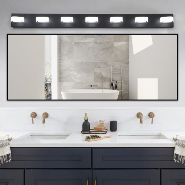 Modern 7-Light LED Vanity Light Fixture - Black Iron Finish with Acrylic Shades - Energy-Efficient Bathroom Wall Sconce - Dimmable for Mirror, Shower, and Bathroom Decor