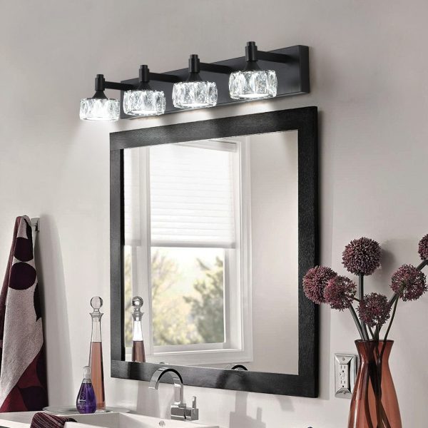 2-92.jpg Modern 4-Light Matte Black LED Vanity Light Fixture with Crystal Glass Shades, Bathroom Wall Sconce for Elegant and Contemporary Home Decor