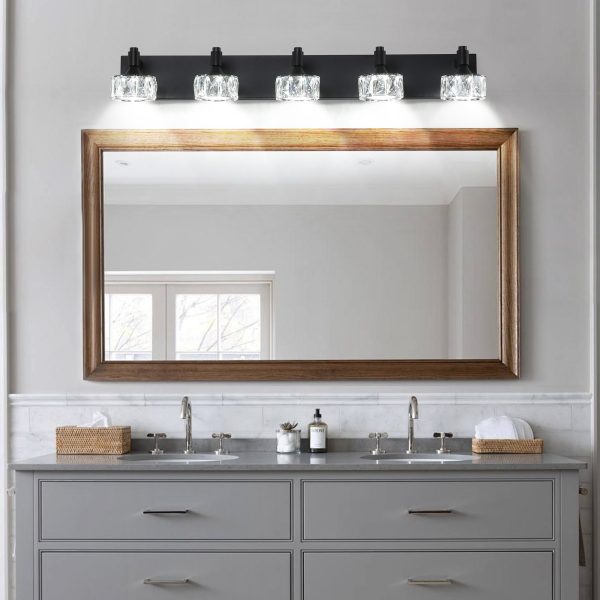 2-93.jpg Modern 5-Light Matte Black LED Vanity Light Fixture with Crystal Glass Shades, Bathroom Wall Sconce for Elegant and Contemporary Home Decor