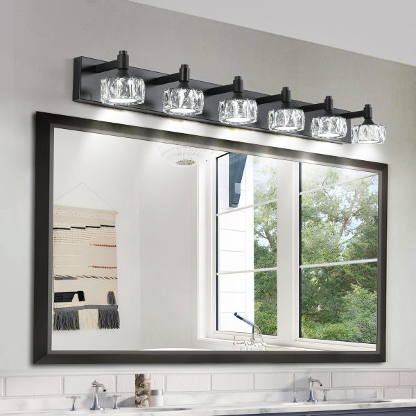 2-94.jpg Modern 6-Light Matte Black LED Vanity Light Fixture with Crystal Glass Shades, Bathroom Wall Sconce for Elegant and Contemporary Home Decor