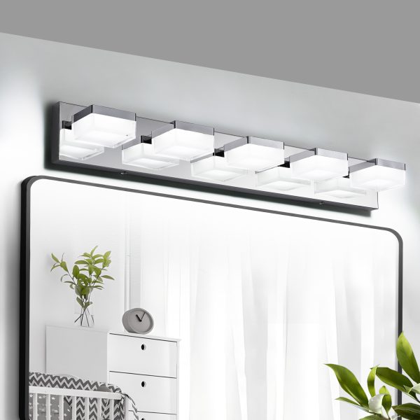 Modern Chrome LED Vanity Light, 5-Lights Wall Sconce for Bathroom and Mirror, Sleek Minimalist Design, Energy-Efficient, Easy to Install