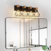 24" Modern Geometric 4-Light Vanity Light Fixture with Black Metal, Wooden Accents and Cage Lampshade for Bathroom, Bedroom, or Living Room (Bulb Not Included)