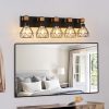 31" Modern Geometric 5-Light Vanity Light Fixture with Black Metal, Wooden Accents and Cage Lampshade for Bathroom, Bedroom, or Living Room (Bulb Not Included)