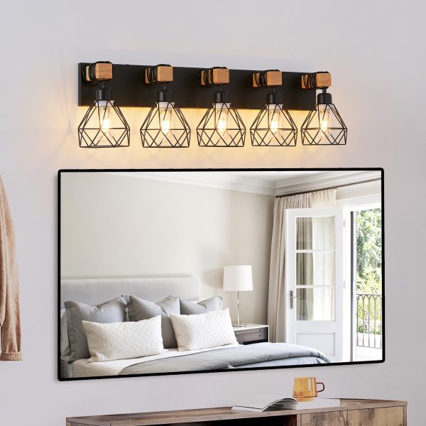 31" Modern Geometric 5-Light Vanity Light Fixture with Black Metal, Wooden Accents and Cage Lampshade for Bathroom, Bedroom, or Living Room (Bulb Not Included)