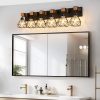 38" Modern Geometric 6-Light Vanity Light Fixture with Black Metal, Wooden Accents and Cage Lampshade for Bathroom, Bedroom, or Living Room (Bulb Not Included)