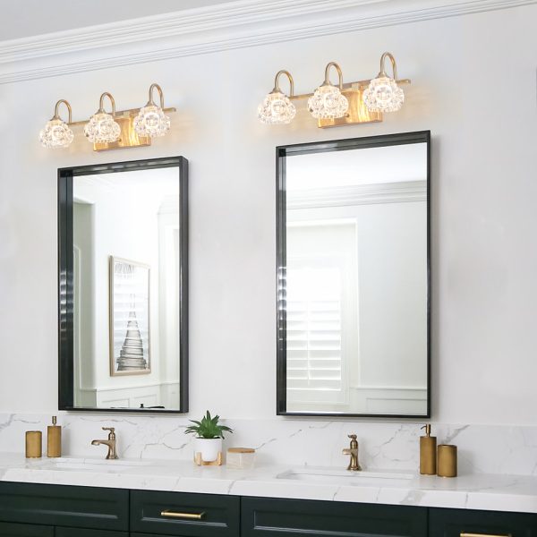 17" Modern Crystal Bathroom Vanity Light, 3-Light Golden Wall Sconce with Clear Glass Shade, Elegant Wall Mount Lighting for Bathroom, Powder Room, or Vanity Mirror (No Bulbs)