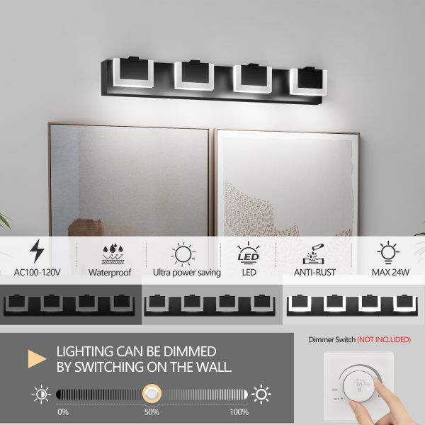 4 Lights Modern Black Vanity Light Up and Down Black Bathroom Lighting Fixtures LED Bathroom Wall Light Over Mirror 6000K