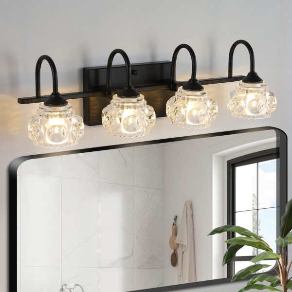 23" Retro 4-Light Bathroom Vanity Light Fixture - Black Finish with Crystal Glass Shades, Wall Mounted Lighting for Bathroom, Powder Room, and Vanity Mirror (No Bulbs)