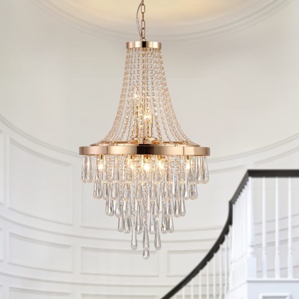 20" Modern Crystal Pendant Chandelier with Golden Finish C Elegant 11-Light Hanging Light Fixture Tiered Design for Dining Room, Living Room, or Entryway (No Bulbs)