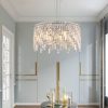24" Luxurious Round Silver Crystal Chandelier, Contemporary Rectangular Pendant Light for Dining Room, Living Room, and Grand Foyers (Bulbs Not Included)