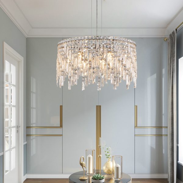 24" Luxurious Round Silver Crystal Chandelier, Contemporary Rectangular Pendant Light for Dining Room, Living Room, and Grand Foyers (Bulbs Not Included)