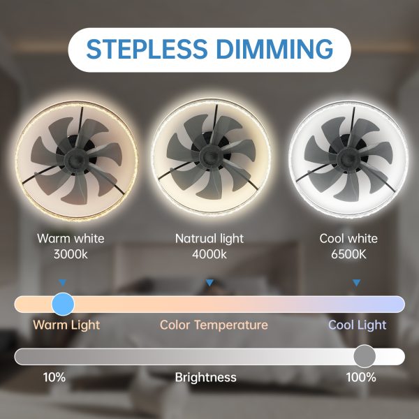 Modern LED Ceiling Fan with Light C 24'' Dimmable Ceiling Light with Invisible Blades and Crystal Design, Remote Control & Adjustable Color Temperature, Quiet Fan for Bedroom, Living Room