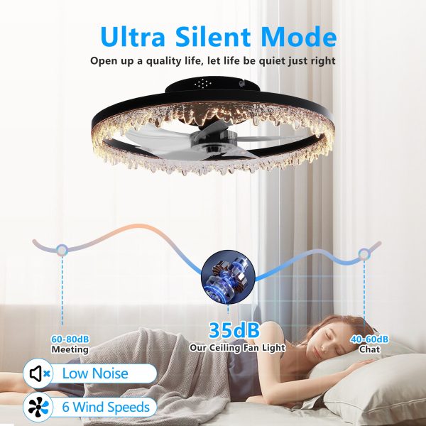 Smart Flush Mount Ceiling Fan with Light C 20-inch Integrated LED Chandelier with 5 Invisible Blades, Remote Control & Timer, Dimmable Lighting, Ultra-Quiet Operation for Bedroom, Living Room