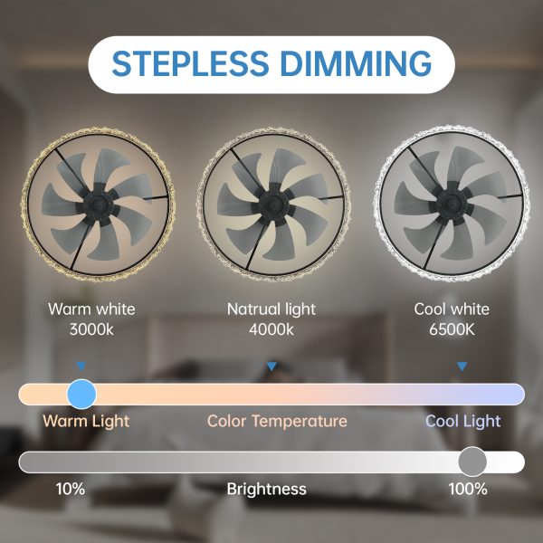 Luxury Crystal Ceiling Fan with Lights C 24'' Flush Mount LED Chandelier Fan with 5 Invisible Blades, Remote & Timer, Bright Dimmable Lighting for Bedroom, Living Room, Dining Room