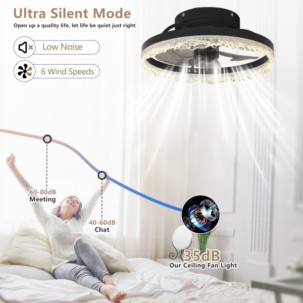 16" Decorative LED Ceiling Fan Light C Modern Flush Mount with Acrylic Ring, Hidden Blades, Remote Control, and Dimmable Light for Stylish Homes (Black)
