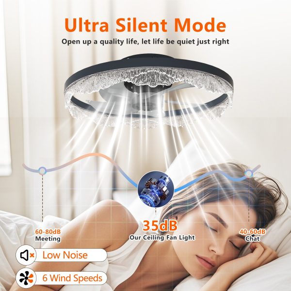 20" Decorative LED Ceiling Fan Light C Modern Flush Mount with Acrylic Ring, Hidden Blades, Remote Control, and Dimmable Light for Stylish Homes (Black)