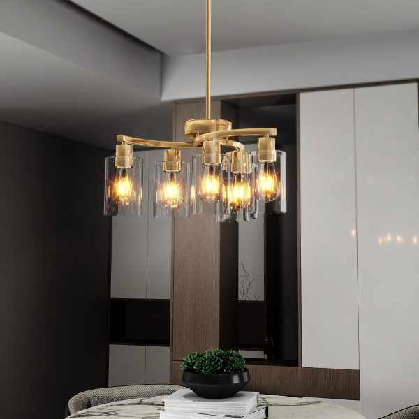 6-Light Gold Chandeliers for Dining Room, Modern Kitchen Island Light Fixtures Over Table, Metal Hanging Pendant Lighting for Living Room Stairwell Entryway Bedroom, Clear Glass Shade