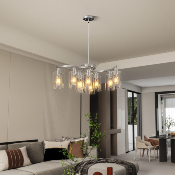 9-Light Brushed Nickel Glass Chandelier, Adjustable Height Hanging Industrial Dining Room Chandelier Over Table, Modern Farmhouse Chandelier for Kitchen Island Living Room Entryway Bedroom