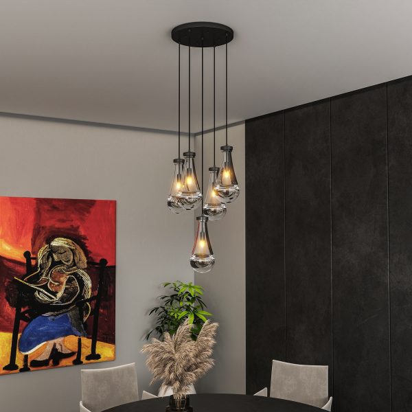 5 Light Cluster Pendant Lights, Black High Ceiling Chandeliers Adjustable, Living Room Pendant Light, Foyer Chandeliers, Stairwell Pendant Lighting, Bedroom Chandelier,E12 not including bulb
