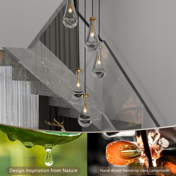 3-185.jpg 5 Light Cluster Pendant Light, Brass High Ceiling Chandeliers Adjustable, Living Room Pendant Light, Foyer Chandeliers, Stairwell Pendant Lights,E12 not Including Bulb