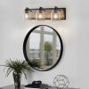 23" Farmhouse Vanity Light Fixture, 3-Light Bathroom Wall Sconce with Clear Seeded Glass Shades, Black and Wood Grain Finish, Modern Industrial Design for Bathroom or Powder Room (No Bulbs)