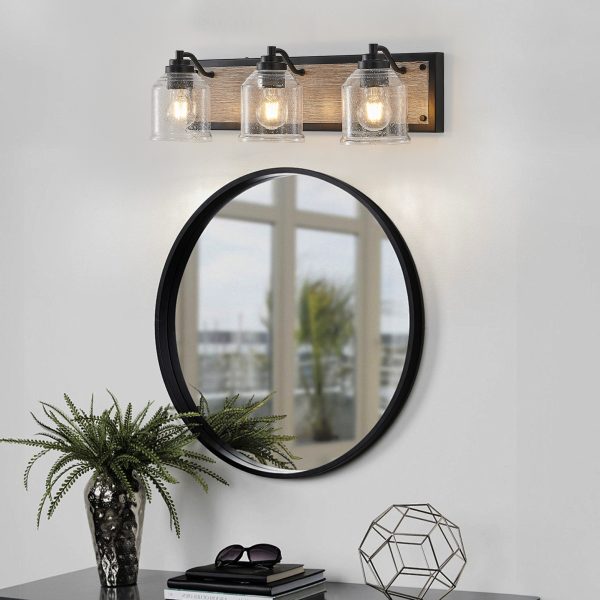 23" Farmhouse Vanity Light Fixture, 3-Light Bathroom Wall Sconce with Clear Seeded Glass Shades, Black and Wood Grain Finish, Modern Industrial Design for Bathroom or Powder Room (No Bulbs)