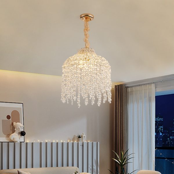 16 Inch 5-Light Crystal Pendant Light ChandelierC Elegant Waterfall Design with Grape-Shaped Crystal Bead Strings and Gold Finish for Living Room, Bedroom, or Dining Area (Bulb Not Included)