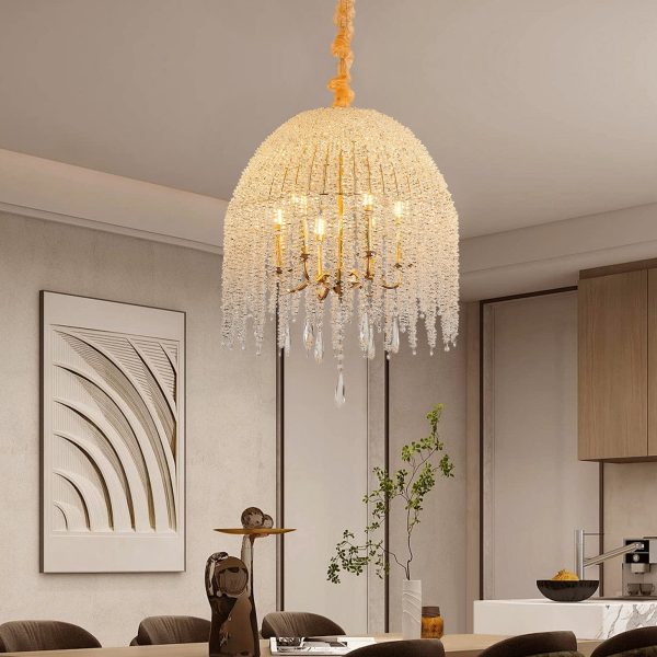 20 Inch 6-Light Crystal Pendant Light ChandelierC Elegant Waterfall Design with Cascading Crystal Bead Strings and Gold Finish for Living Room, Bedroom, or Dining Area (Bulb Not Included)