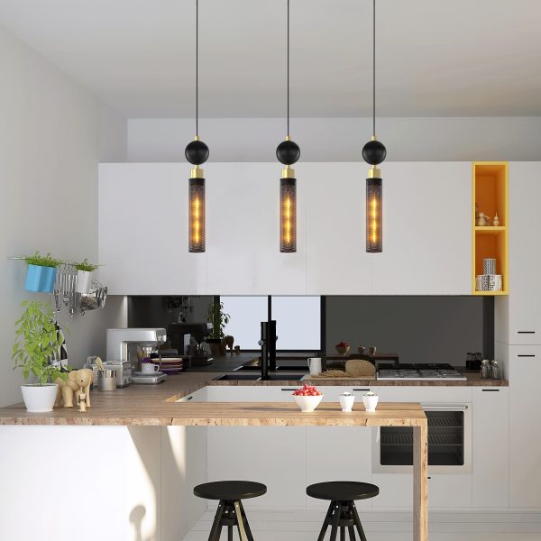 Modern Black Wrought Iron Pendant Light (for Kitchen Island), Adjustable Cord Pendant Fixture, Hanging Lighting Over Kitchen Island, Indoor Chandelier for Bedroom & Bathroom