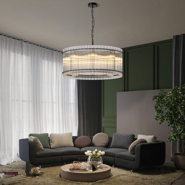 37" Modern Black Round Chandelier,2-Tier 8-Light Water Ripple Crystal Glass Chandeliers,for Dining Room,Living Room,Bedroom,High Ceiling,Foyer Entryway,Luxury Chandelier