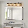 32" Farmhouse Vanity Light Fixture, 4-Light Bathroom Wall Sconce with Clear Seeded Glass Shades, Black and Wood Grain Finish, Modern Industrial Design for Bathroom or Powder Room (No Bulbs)