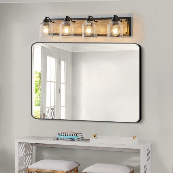 32" Farmhouse Vanity Light Fixture, 4-Light Bathroom Wall Sconce with Clear Seeded Glass Shades, Black and Wood Grain Finish, Modern Industrial Design for Bathroom or Powder Room (No Bulbs)