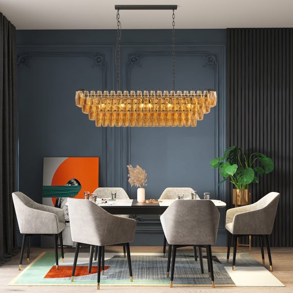54" Black Rectangular Chandeliers for Dining Room, 12-Light 4 Tiered Large Smoke Glass Chandelier, Modern Kitchen Island Farmhouse Hanging Light Fixture for Living Room Foyer(Bulb not included)