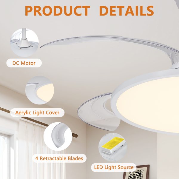 Retractable Ceiling Fans with Lights,42 inch Ceiling Fan with Light and Remote Control,Flush Mount,DC Reversible,3CCT,Low Noise,White Ceiling Fan for Bedroom,Living Room,Kitchen,Indoor Use