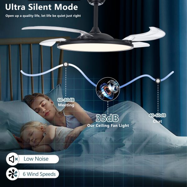 42 Inch Retractable Ceiling Fan,Low Profile Ceiling Fan with Light and Remote,Modern White Fan with Retractable Blades for Dinning Room Living Room Bedroom,Dimmable,Timer Setting