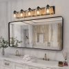40" Farmhouse Vanity Light Fixture, 5-Light Bathroom Wall Sconce with Clear Seeded Glass Shades, Black and Wood Grain Finish, Modern Industrial Design for Bathroom or Powder Room (No Bulbs)