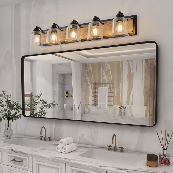 40" Farmhouse Vanity Light Fixture, 5-Light Bathroom Wall Sconce with Clear Seeded Glass Shades, Black and Wood Grain Finish, Modern Industrial Design for Bathroom or Powder Room (No Bulbs)
