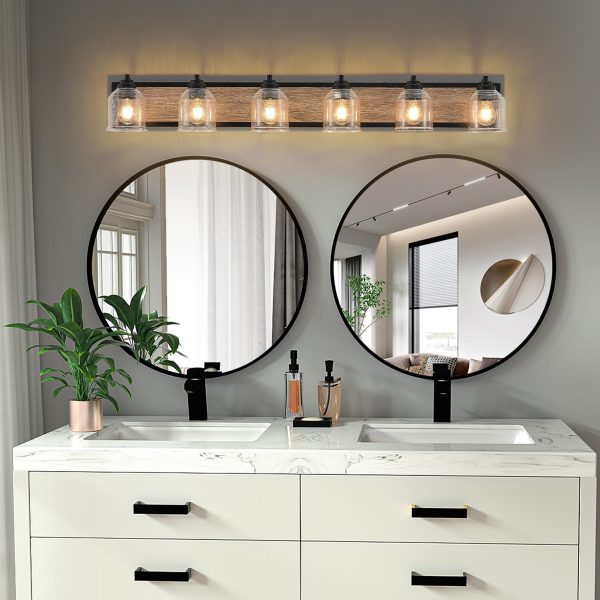 49" Farmhouse Vanity Light Fixture, 6-Light Bathroom Wall Sconce with Clear Seeded Glass Shades, Black and Wood Grain Finish, Modern Industrial Design for Bathroom or Powder Room (No Bulbs)