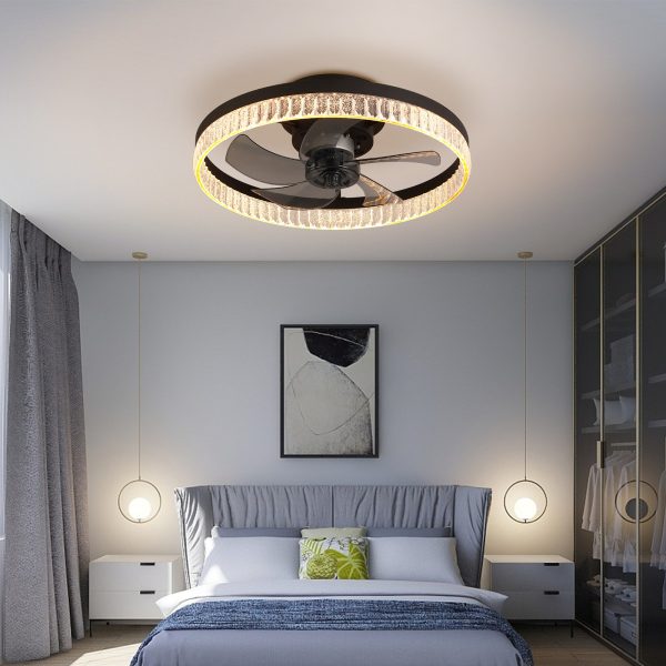 20" Brown Ceiling Fan with LED Light C Modern Flush Mount Fan Light for Bedroom, Living Room, and Home Dcor with Crystal Ring Design