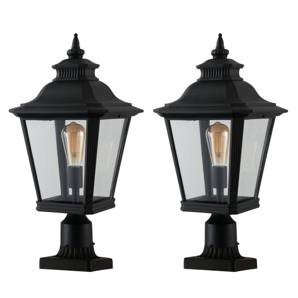 21"(H) 2-Pack Outdoor Post Lantern Light C Vintage Black Metal & Clear Glass Pillar Lamp for Garden, Gate, Driveway, and Pathway Lighting with Elegant Design (Bulb Not Included)