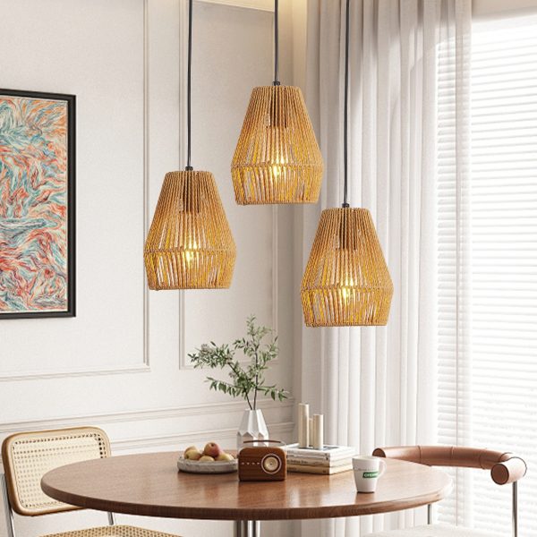 7" Set of 3 Rustic Hemp Rope Pendant Light, Handcrafted Farmhouse Hanging Light Fixture, Adjustable Height Ceiling Lamp for Kitchen Island, Dining Room, or Living Room, Natural Woven Design (No Bulbs)