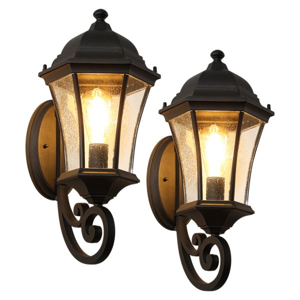 2-Pack Vintage Wall-Mounted Outdoor Lantern Light C Elegant Black Metal Sconce for Porch, Patio, and Garden Lighting (Bulb Not Included)