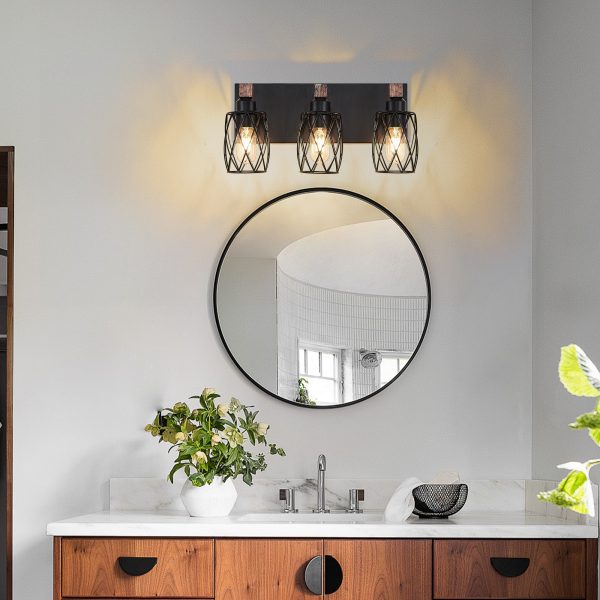 18" Industrial Vintage 3-Light Wall Sconce - Black Cage Wall Lighting Fixture with Wooden Accents for Bathroom, Hallway, or Living Room (Bulb Not Included)