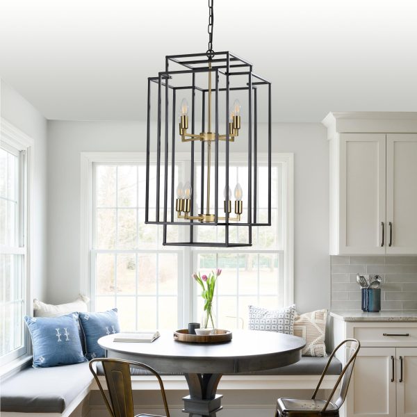 18" Modern 8-Light Black Gold Geometric Pendant Chandelier, Industrial Metal Frame, Adjustable Hanging Light for Living Room, Dining Room, Kitchen (No Bulbs)