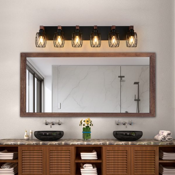 38" Industrial Vintage 6-Light Wall Sconce - Black Cage Wall Lighting Fixture with Wooden Accents for Bathroom, Hallway, or Living Room (Bulb Not Included)