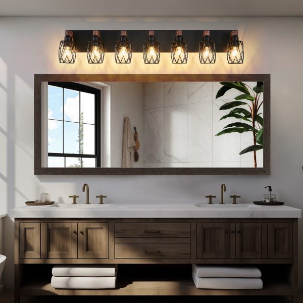 Industrial Vintage 7-Light Wall Sconce - Black Cage Wall Lighting Fixture with Wooden Accents for Bathroom, Hallway, or Living Room (Bulb Not Included)