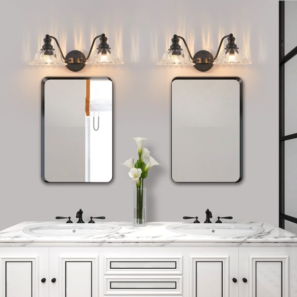 20 Inch 2-Light Vintage Bathroom Wall Sconce C Elegant Black Metal and Glass Lampshade Vanity Light Fixture for Bathroom, Hallway, or Bedroom (Bulb Not Included)