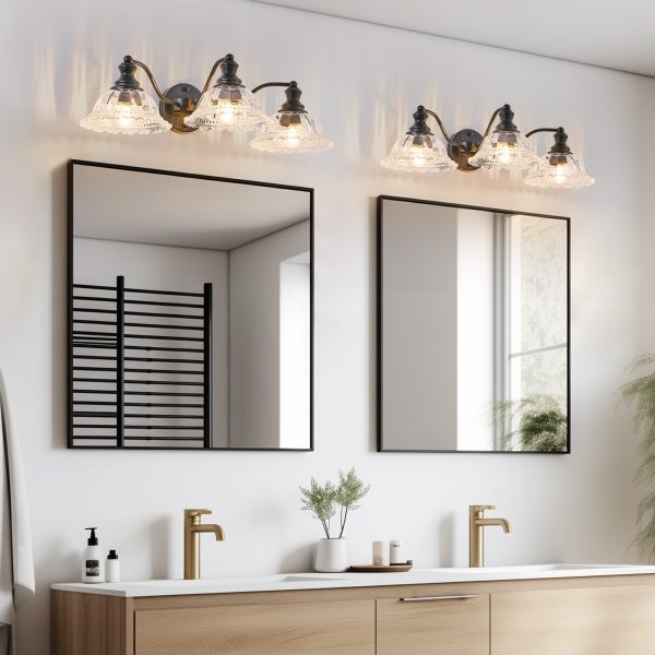 24 Inch 3-Light Vintage Bathroom Wall Sconce C Elegant Black Metal and Glass Lampshade Vanity Light Fixture for Bathroom, Hallway, or Bedroom (Bulb Not Included)